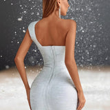 Robe Cocktail Asymétrique Courte Grise pour Mariage dos