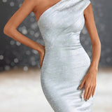 Robe Cocktail Asymétrique Courte Grise pour Mariage détail