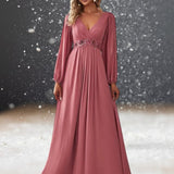 Robe Cocktail Mariage Vieux Rose manches longues