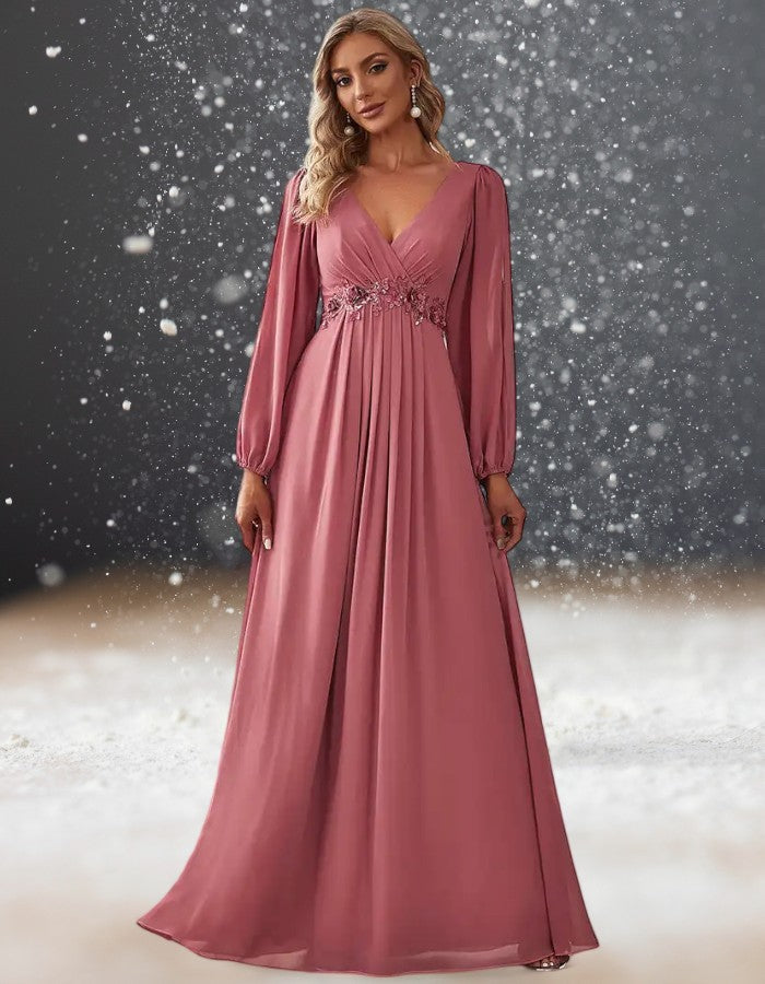 Robe Cocktail Mariage Vieux Rose manches longues