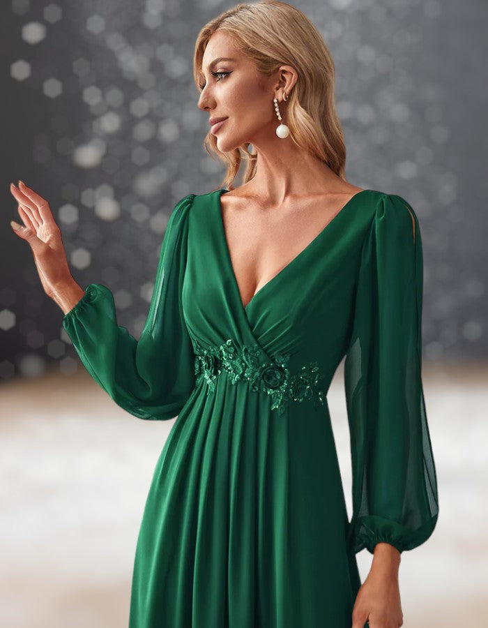 Robe de Cocktail Mariage Vert Émeraude détails fleurs